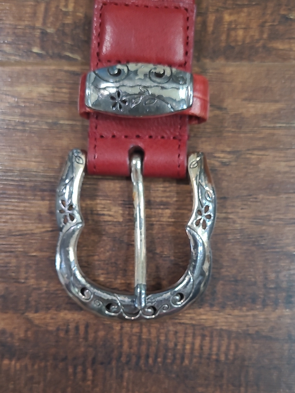 Brighton Red Leather Western Belt with Decorative Silver Accents - Picture 4 of 11